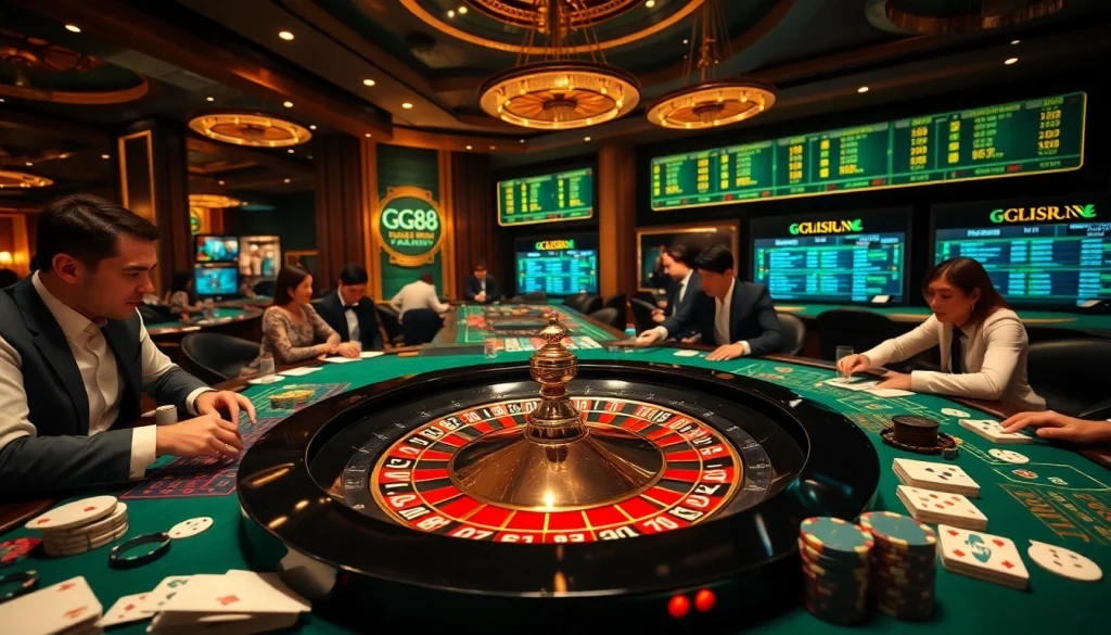 GG88 roulette wheel with gamblers placing bets in an elegant casino setting