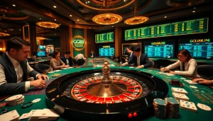 GG88 roulette wheel with gamblers placing bets in an elegant casino setting