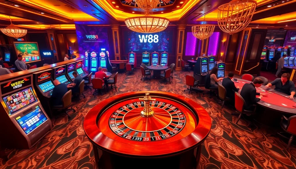 Players enjoying W88 betting at an upscale casino with roulette wheels and poker tables.
