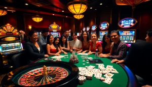 Engage with the thrilling atmosphere at 88i casino tables featuring roulette wheels and poker chips.