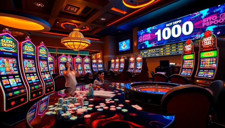 Menang di Slot Depo 1000 dengan mesin yang berwarna-warni dan pemain yang bersemangat di kasino mewah.