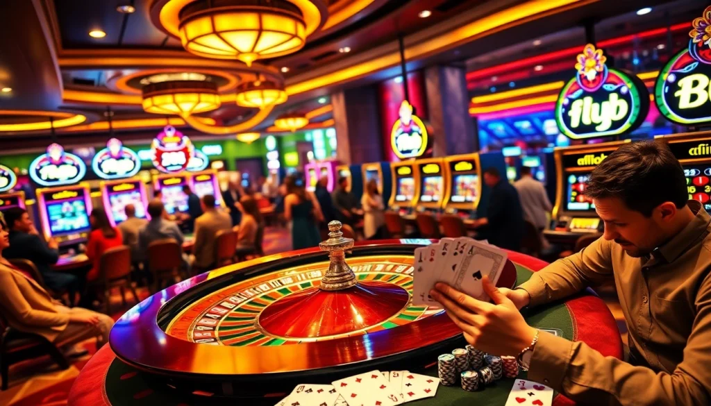Fly88 offers an exciting scene with players engaged in roulette, showcasing vibrant casino elements.