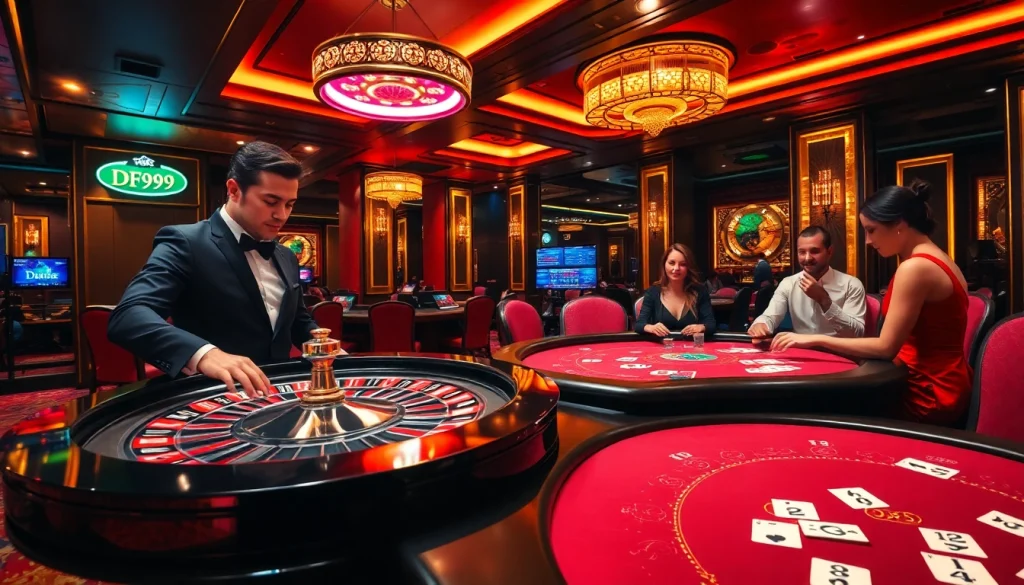 Players enjoying high stakes at a DF999-themed casino table with roulette wheel and colorful chips.