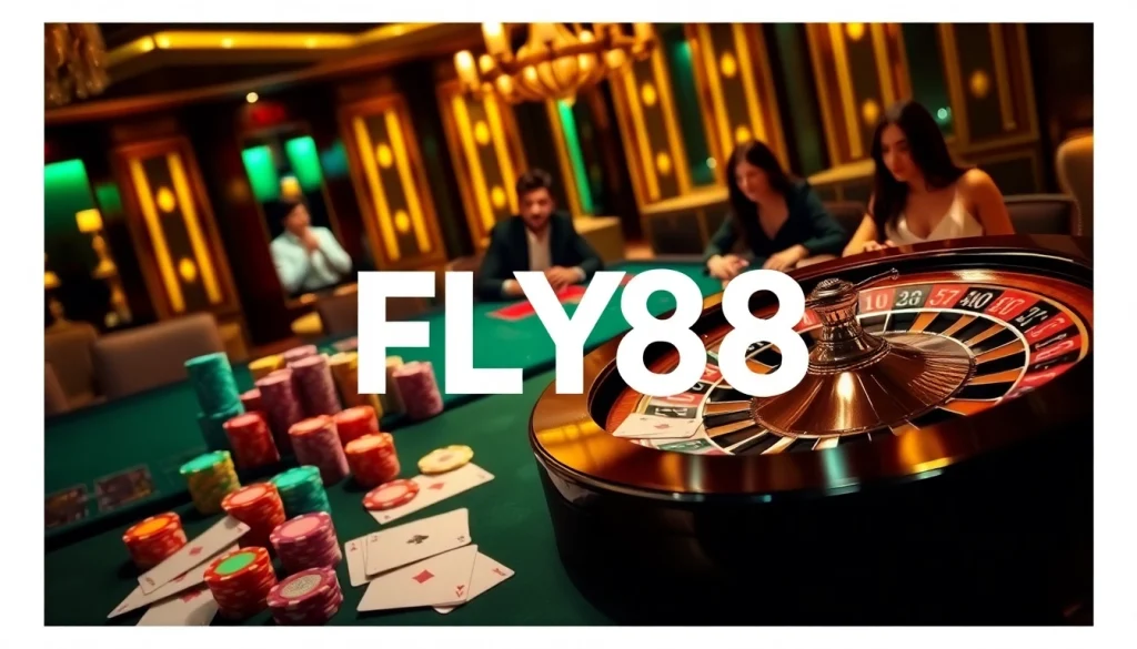 Experience the thrilling atmosphere at FLY88 casino with elegant poker games and roulette excitement.