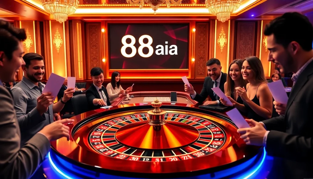 Players enjoying a thrilling roulette game at 88aa casino, with vibrant atmosphere and luxury.