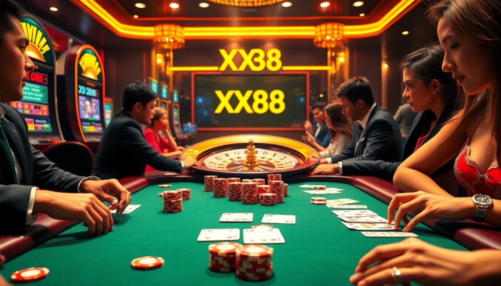 Engage in a thrilling gaming experience at the luxurious XX88 casino, featuring poker chips and cards.