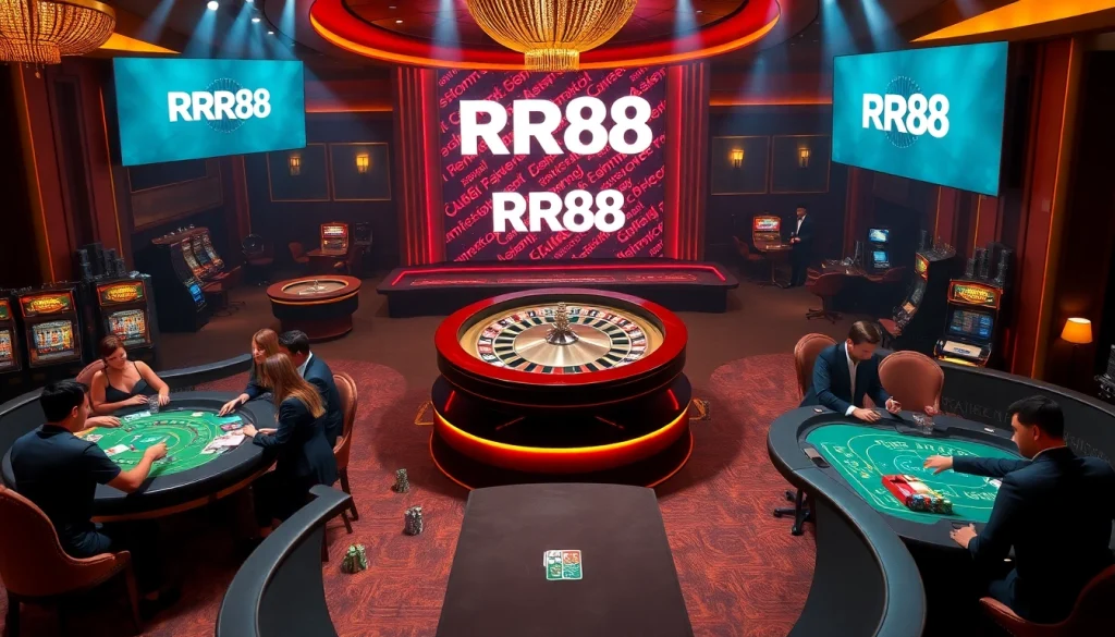 Players enjoying a thrilling RR88 casino experience with roulette and poker tables.