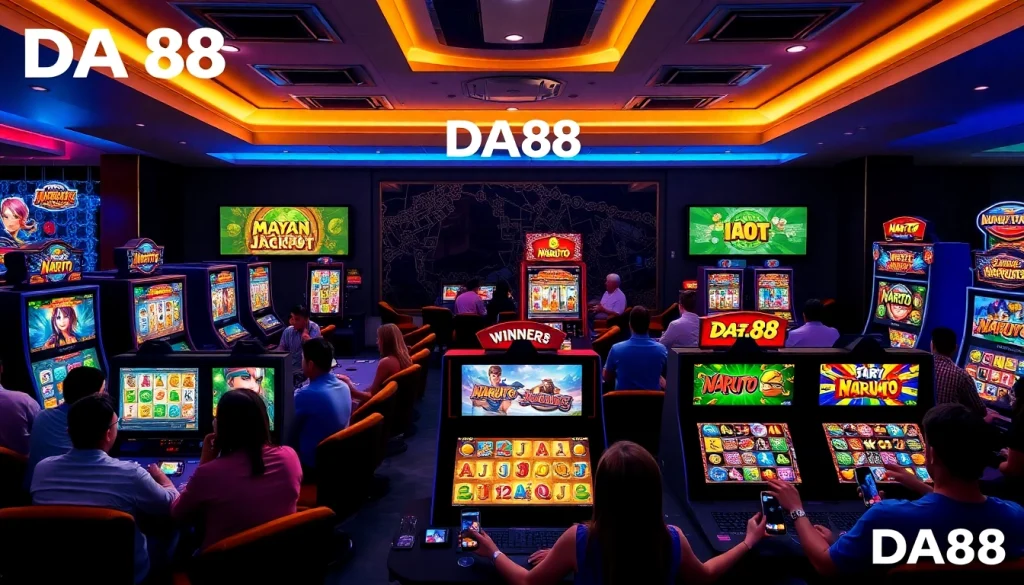 DA88 gaming lounge featuring vibrant slot games like Mayan City Jackpot and Naruto, showcasing an exciting atmosphere.