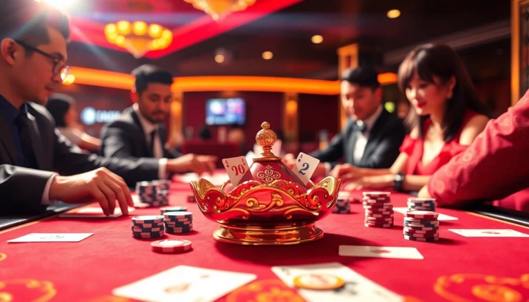 Intense gameplay of Xóc Đĩa involving poker chips, players, and a traditional dish, showcasing excitement.