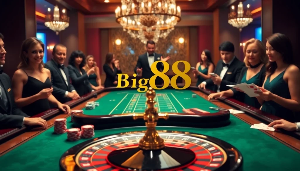 Players strategizing their bets at the Big88 casino table, with vibrant chip stacks and cards.