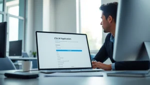 Filling out the eta uk application form in a professional office environment.