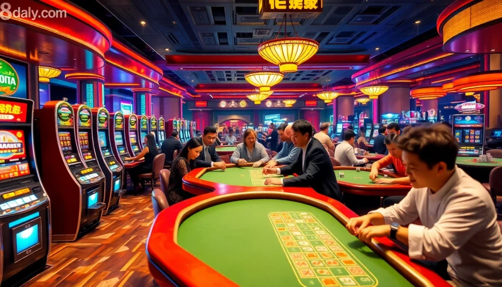 An engaging scene at 8day.cn.com featuring players at a luxurious casino table and vibrant slot machines.