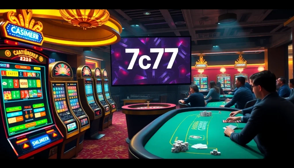 Experience the excitement of 7c77 with vibrant casino elements like slot machines and roulette wheels.