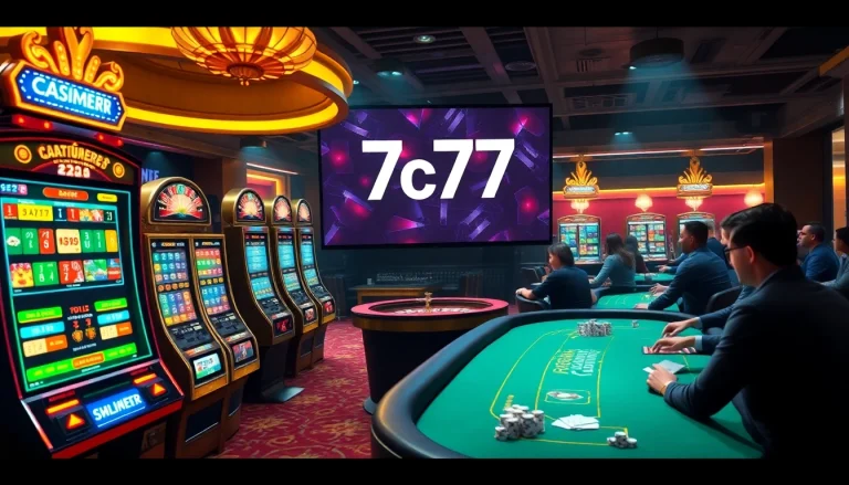 Experience the excitement of 7c77 with vibrant casino elements like slot machines and roulette wheels.
