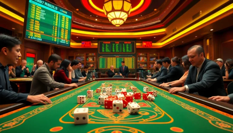 Tài Xỉu MD5 game table with excited players and colorful dice, showcasing a thrilling casino experience.
