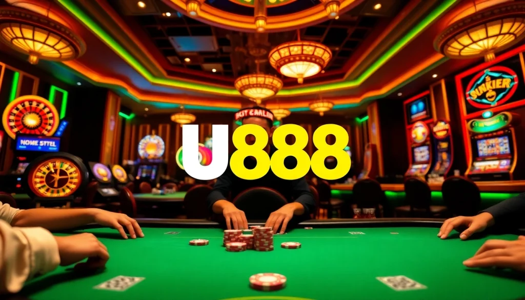 U888 players enjoying poker action in a vibrant casino atmosphere