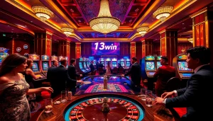 Experience the thrill of gambling at 13win with luxurious casino tables and vibrant players.