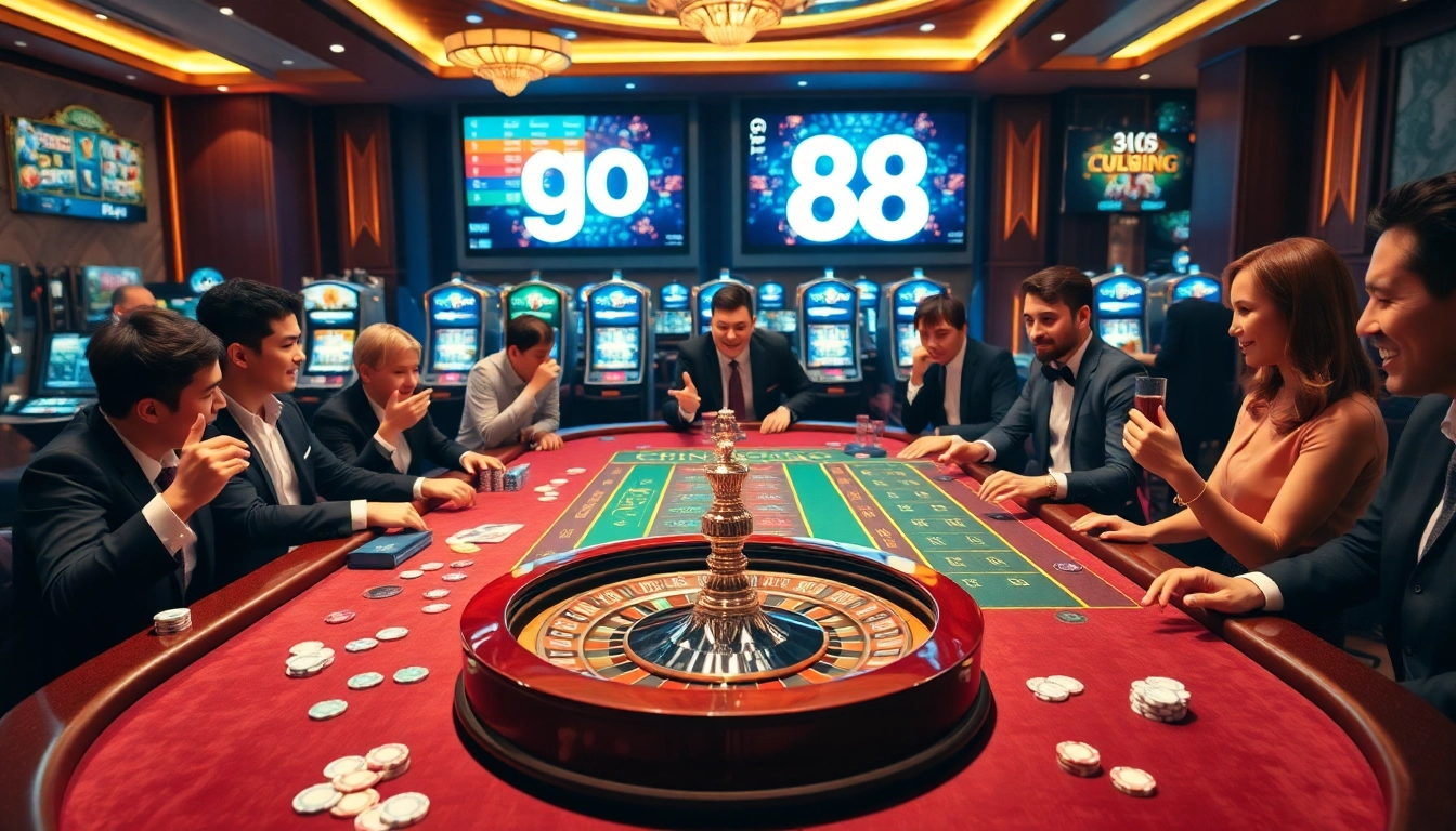 Players engaging in thrilling action at a casino table with go 88 decor, showcasing dynamic gambling excitement.