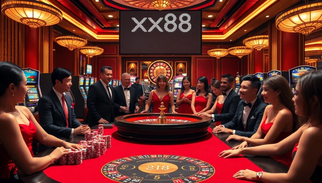 High-stakes poker game at an elegant casino featuring xx88 brand elements and vibrant atmosphere.