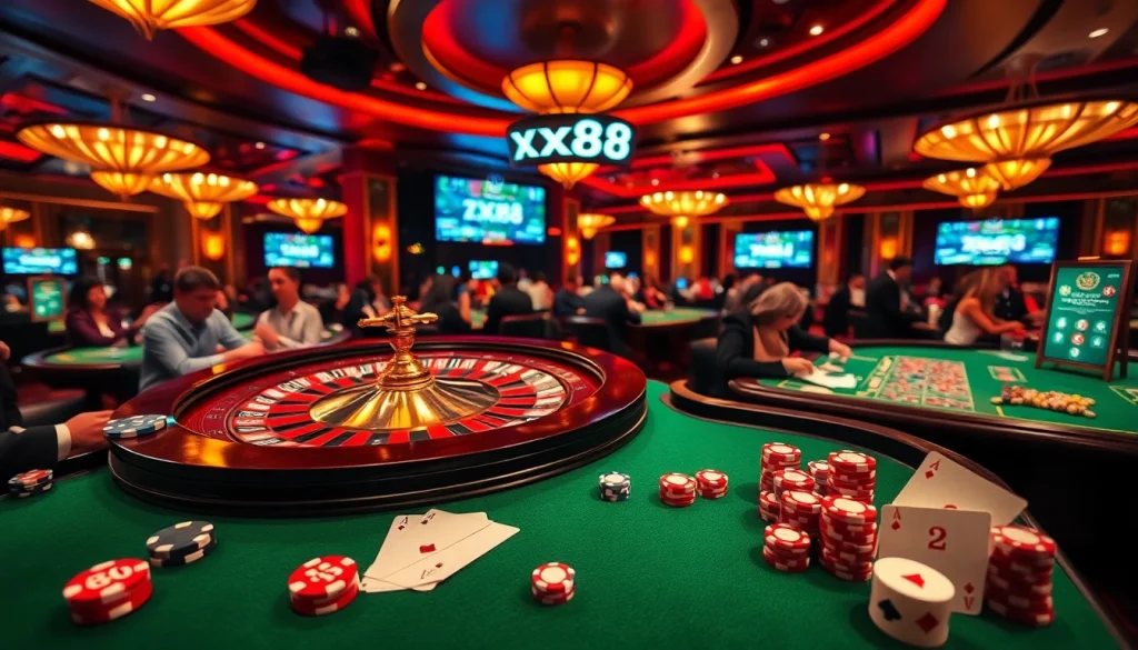 Thrilling casino atmosphere with players engaging at tables, featuring xx88 branding and roulette wheel.