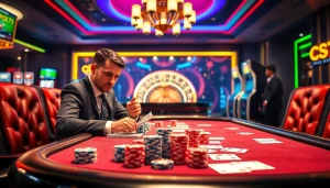 Engaging poker scene showcasing 5z777 with chips and cards in vibrant casino atmosphere.