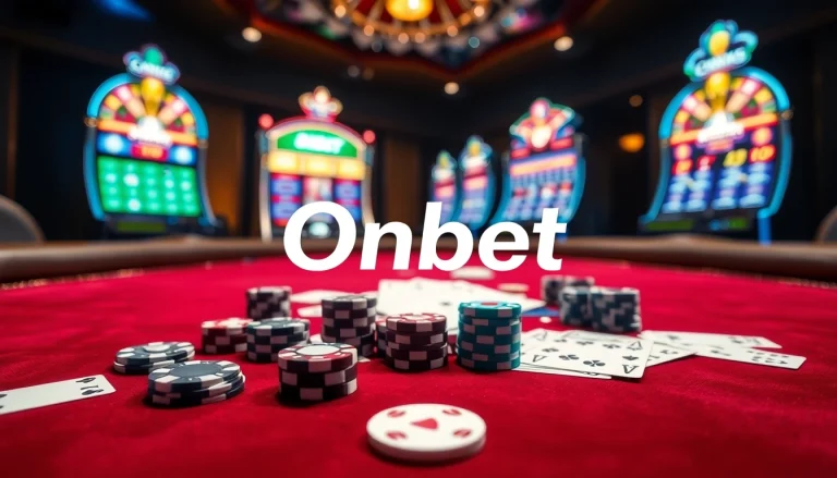 Experience the thrill of betting with Onbet com as vibrant poker chips and cards fill the casino scene.