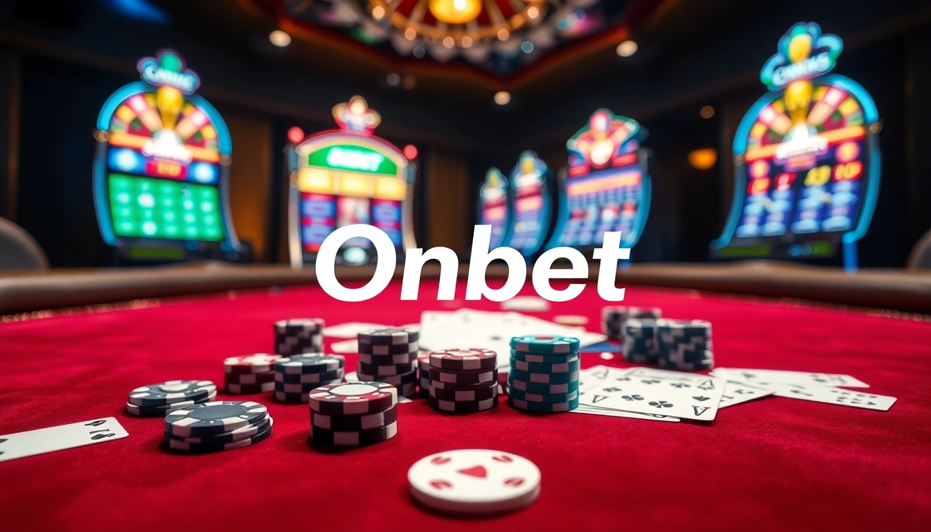 Experience the thrill of betting with Onbet com as vibrant poker chips and cards fill the casino scene.