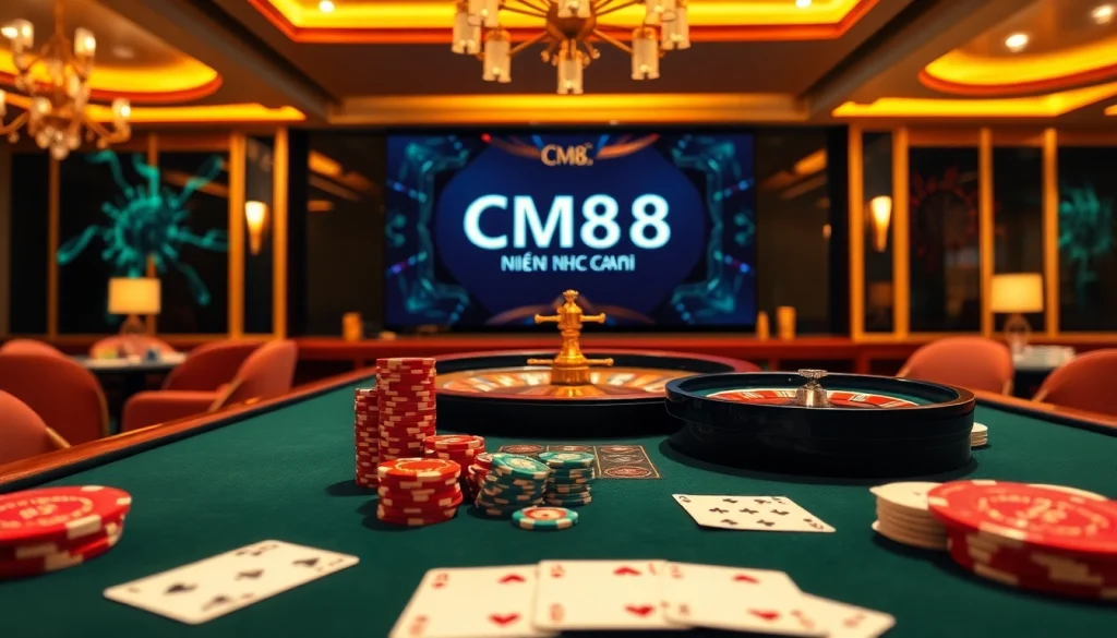 Engage in exhilarating gameplay at CM88 nhà cái with vibrant poker chips and a roulette wheel.