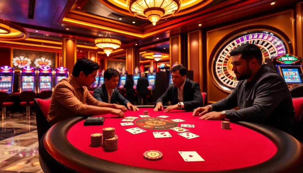 Engaged players at a professional THA BET poker table surrounded by chips and cards.