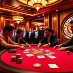 Engaged players at a professional THA BET poker table surrounded by chips and cards.