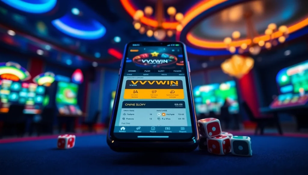 Explore the VVVWIN app interface on vvvwin88.live with casino elements highlighting online gaming excitement.