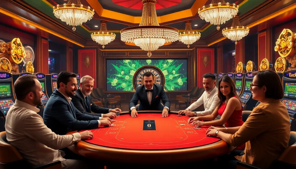 Luck8 players enjoying live poker in a luxurious casino setting, surrounded by colorful slot machines.