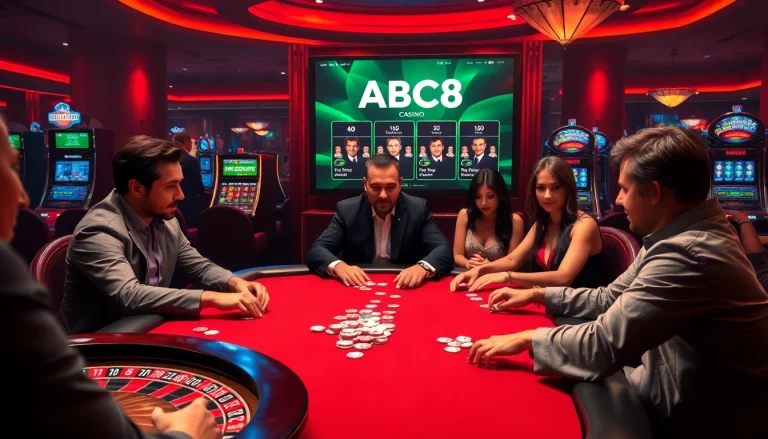 Experience excitement at ABC8 with a thrilling poker game surrounded by casino elements.