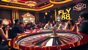 Experience the thrill of FLY 88 at a luxurious casino, featuring vibrant roulette and poker action.