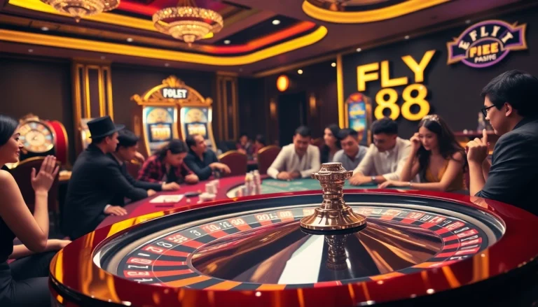 Experience the thrill of FLY 88 at a luxurious casino, featuring vibrant roulette and poker action.