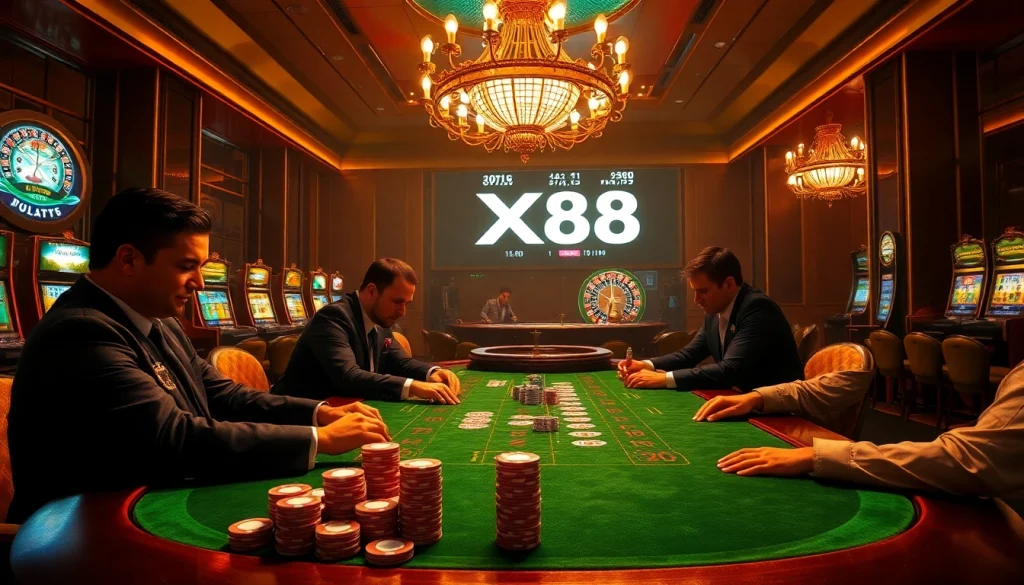 X88-themed poker table with players engaging in a high-stakes game, showcasing excitement and sophistication.