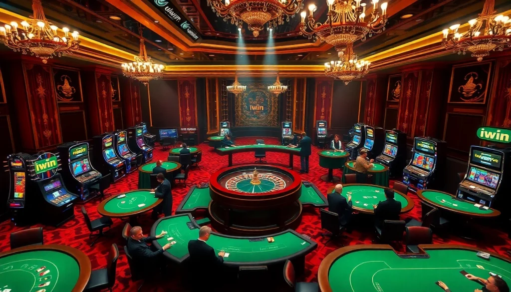 Players enjoy iwin-themed casino games at an upscale gaming venue filled with excitement.