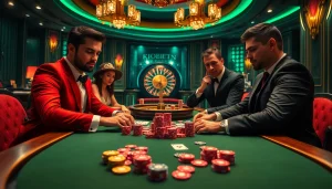 KBBET poker table with colorful chips and cards amid high-stakes excitement in a luxurious casino.