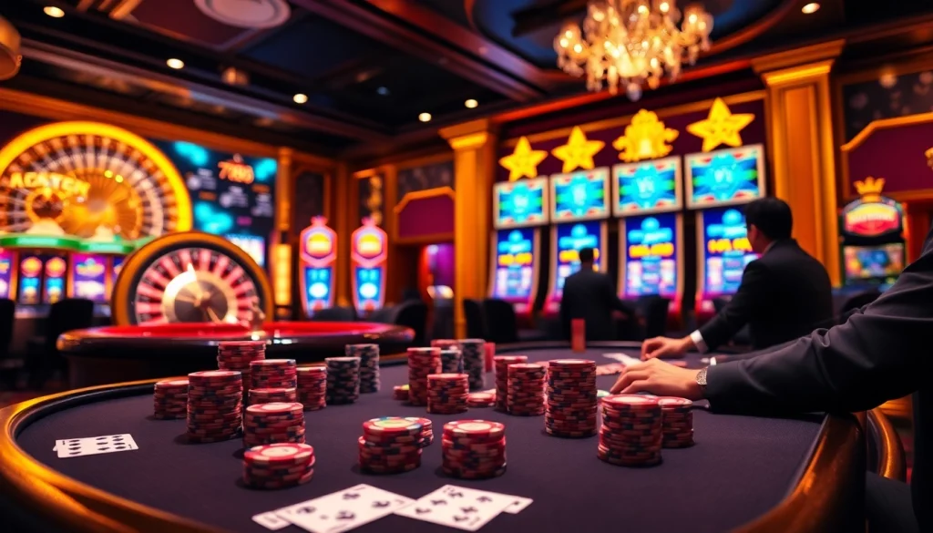 A vibrant casino scene featuring a poker table with players and 789f chips, showcasing excitement in gambling.