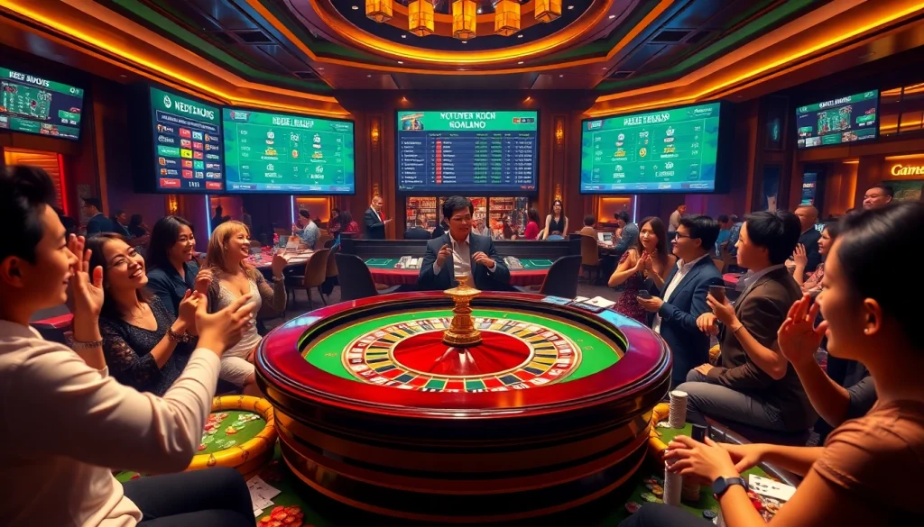 Kèo bóng đá betting action at a luxurious casino table surrounded by excited players and vibrant decor.