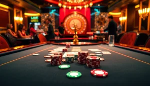 Experience an exciting poker game featuring kp88 chips on a luxurious casino table.
