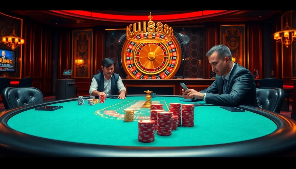 Engage with ku88's thrilling casino experience featuring poker tables and exciting bets.