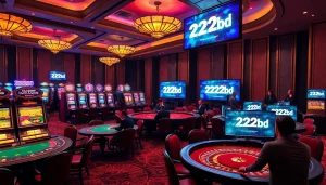 Experience the thrill of gambling at 222bd with vibrant casino games, tables, and excited players.