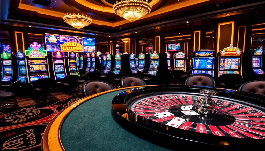 Engaging win678 casino scene with luxury poker table, chips, and slot machines.
