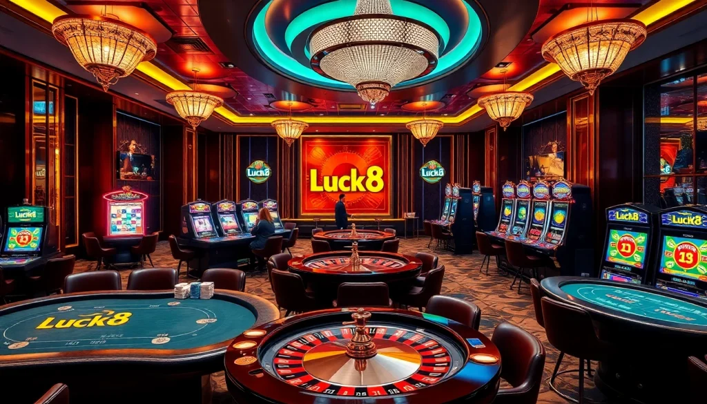 Experience the excitement at Luck8 hiện đang mở with vibrant gaming tables and slot machines.