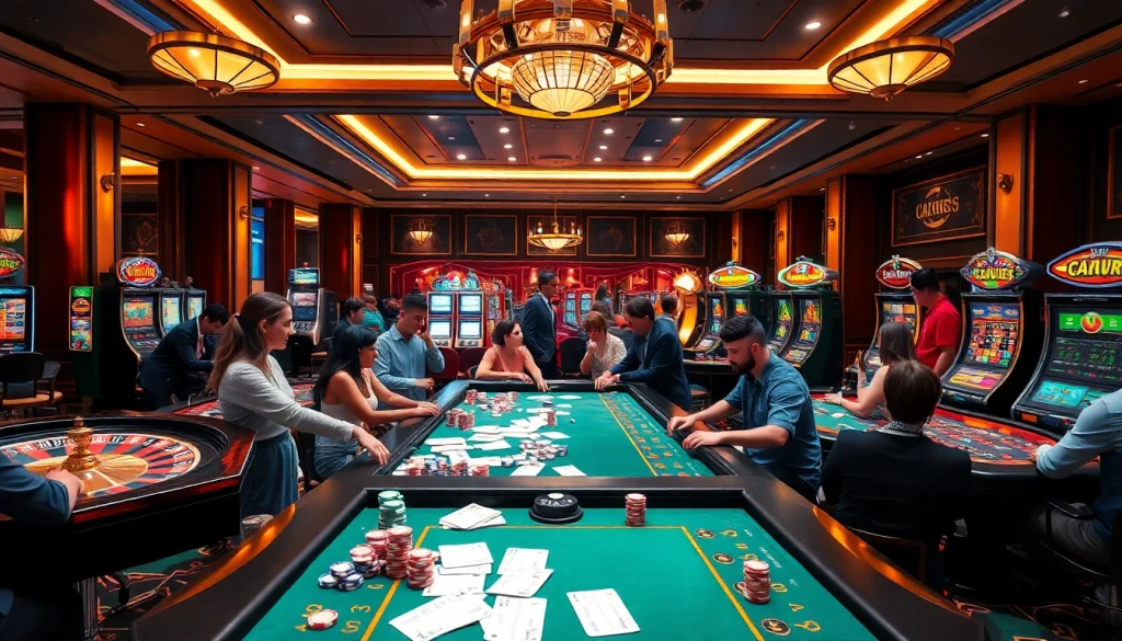 Excited players enjoying high-stakes games at nhà cái OKFUN casino with vibrant slot machines and roulette wheels.