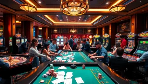 Excited players enjoying high-stakes games at nhà cái OKFUN casino with vibrant slot machines and roulette wheels.