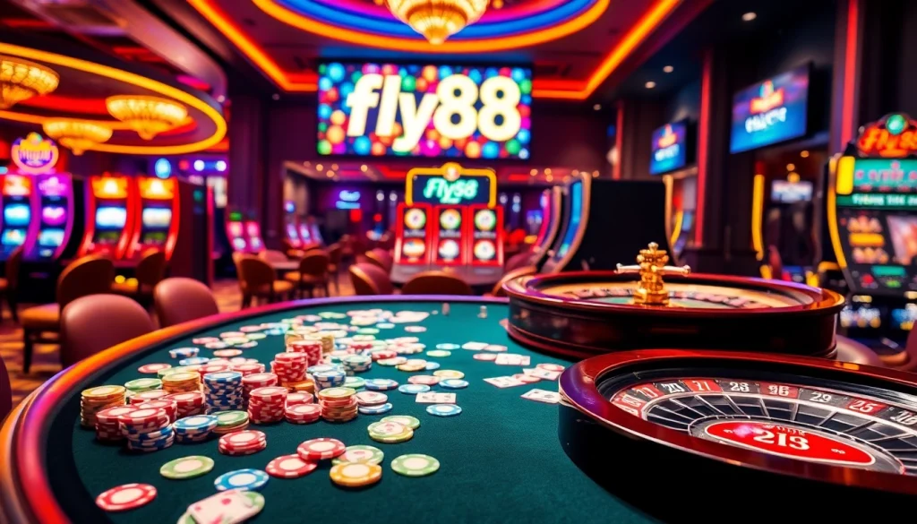 Experience thrilling games at fly88 with colorful poker chips on a vibrant table and roulette.