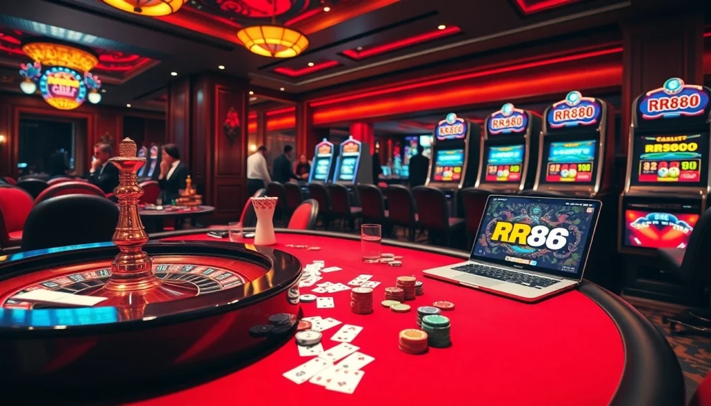 Experience the thrilling RR88 online casino with vibrant tables, sleek slot machines, and luxurious ambiance.