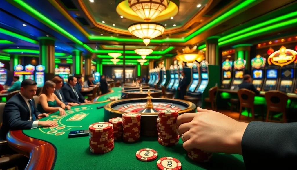 Exciting scene of nk88 gambling with poker chips, vibrant tables, and a lively casino atmosphere.